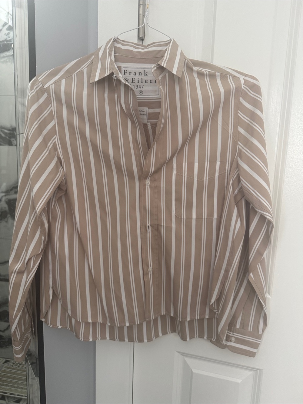 Frank & Eileen Tan and White Vertical Stripe Button-Up Blouse